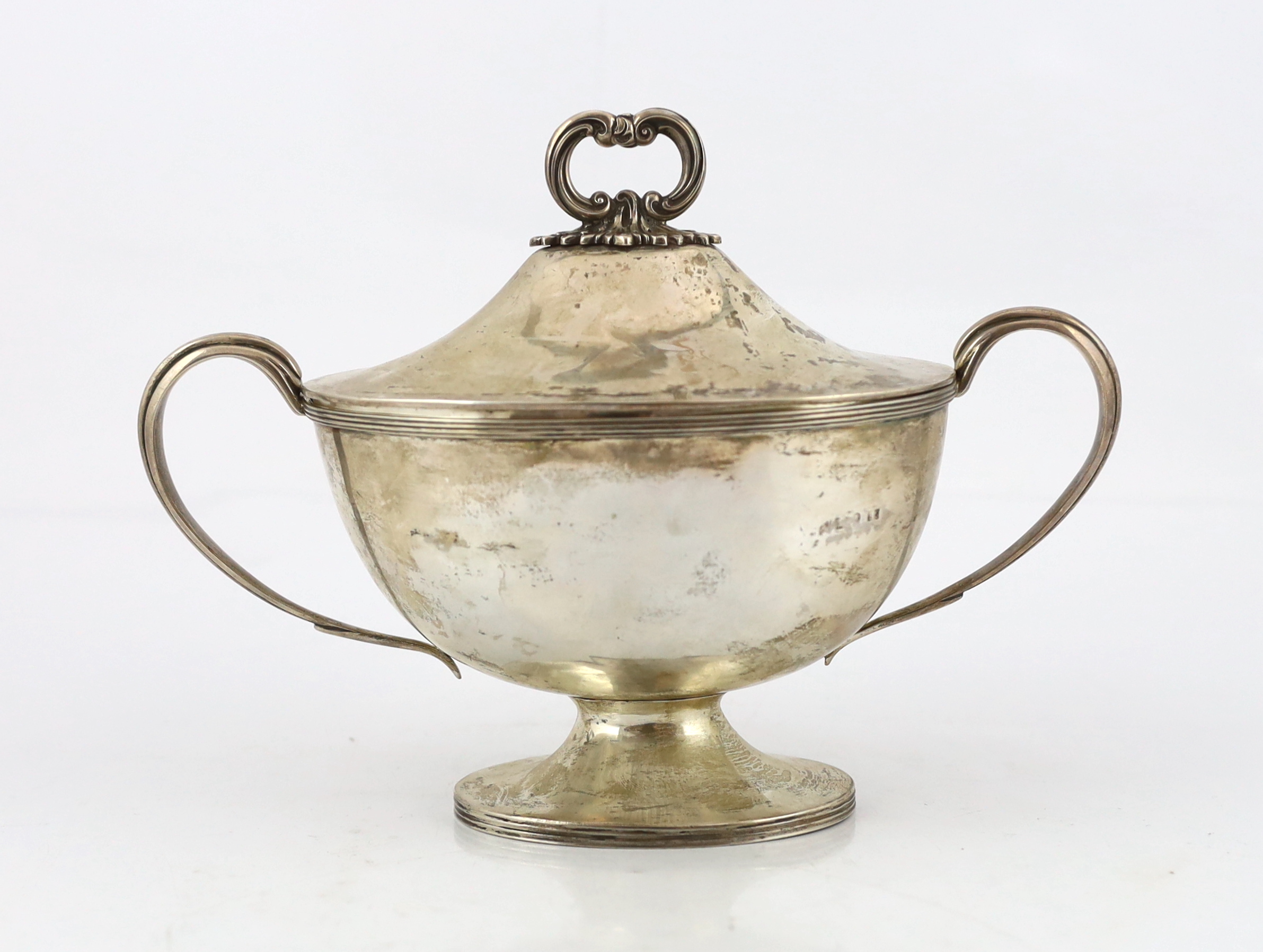 An early Victorian silver oval pedestal two handled sauce tureen, by Creswick & Co